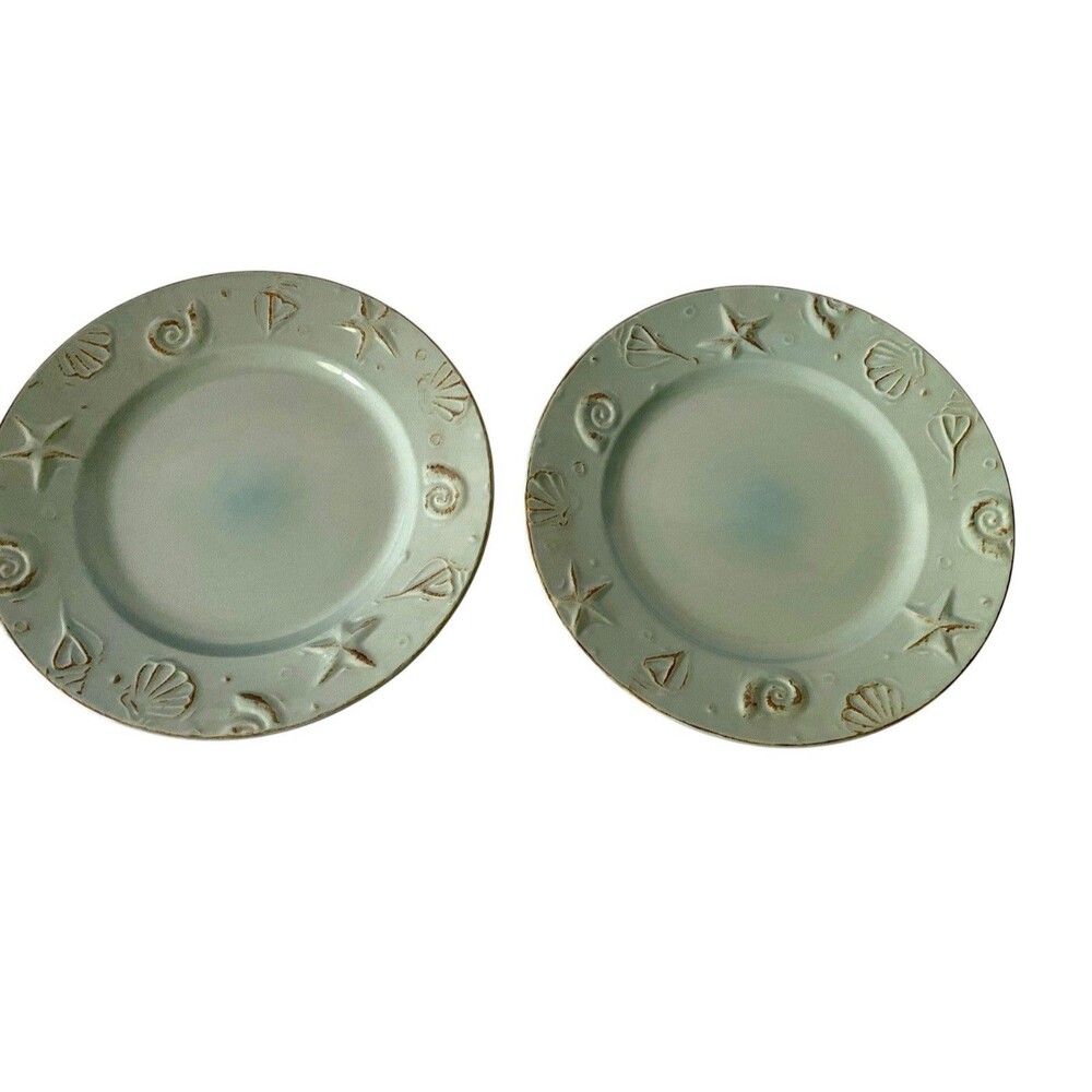 Thomson Pottery Cape Cod Aqua Blue Dinner Plates  10.5" Set of 2 Embossed Shells - Picture 3 of 4